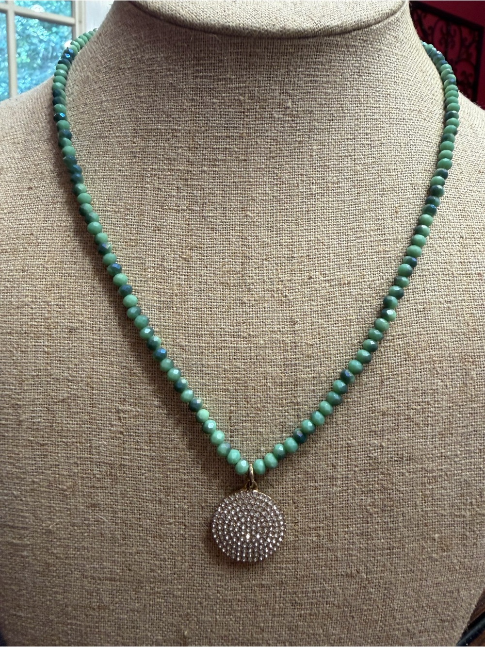 Park Lane Turquoise-Green Beaded Necklace with Pave Disc Pendant